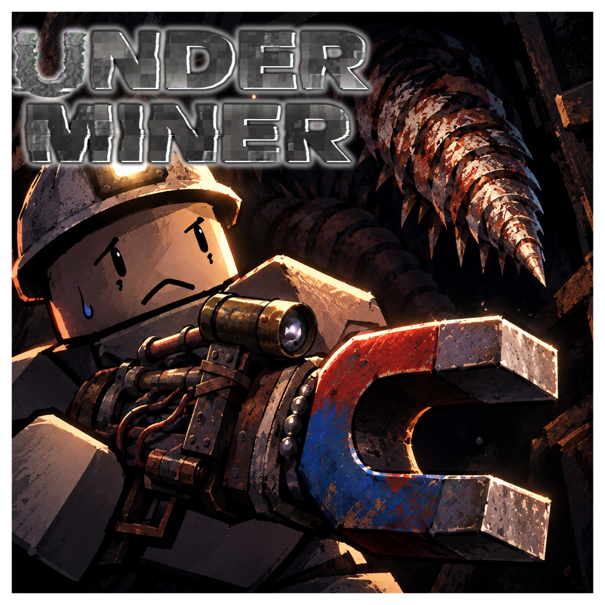 UnderMinerのカバーアート。ヘルメットをかぶった作業員がマグネーターを構え、背後から錆びたドリルが迫っている